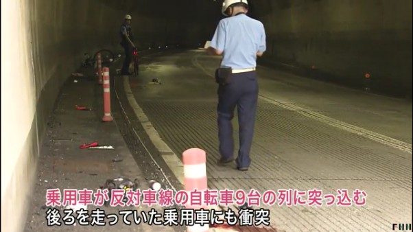 森田晃容疑者が運転する車が反対車線から自転車9台の列に突っ込む