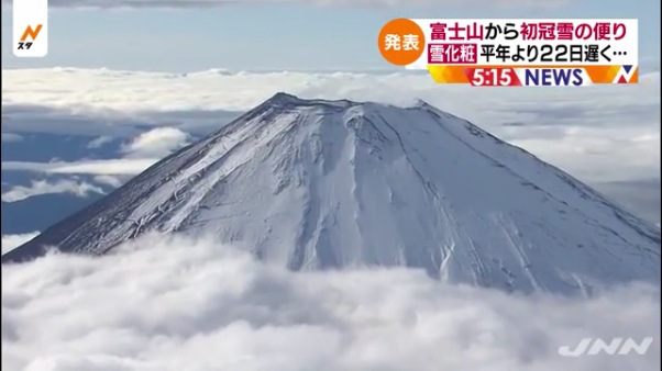 富士山で初冠雪 平年より22日遅く昨年より26日遅い観測