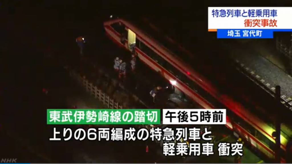 東武伊勢崎線の踏切で特急列車と軽乗用車が衝突