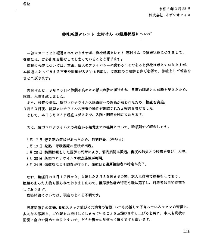志村けんの所属事務所が新型コロナ感染を正式発表