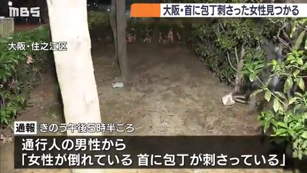 大阪市住之江区浜口西の遊歩道そばの芝みで首に包丁が刺さった女性が見つかる 命に別状なし 自殺を図った可能性