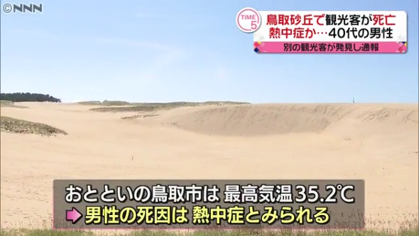 鳥取砂丘に観光に来ていた40代男性が熱中症で死亡 この日の鳥取市の最高気温は35.2℃