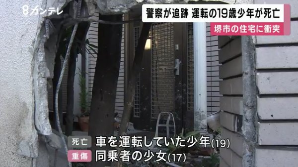 パトカーに追跡されていた乗用車が堺市中区福田の民家に衝突 運転していた19歳の建設作業員が死亡