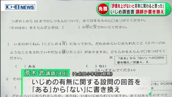 仙台市泉区の七北田小学校の荒木武講師を懲戒免職 いじめ調査で「ある」を「ない」に書き換える