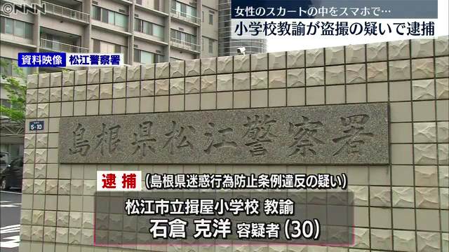 松江市立揖屋小学校教諭の石倉克洋を迷惑行為防止条例違反で逮捕 10代女性のスカートの中を盗撮