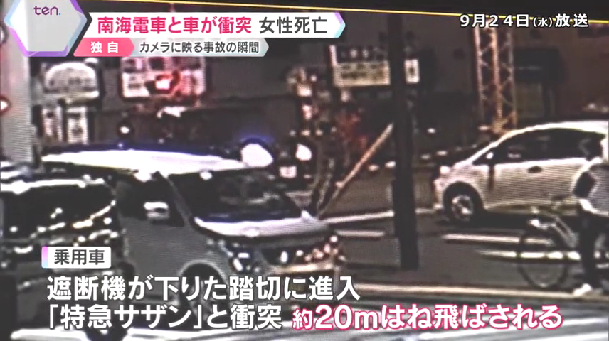 乗用車が遮断機の下りた踏切に進入