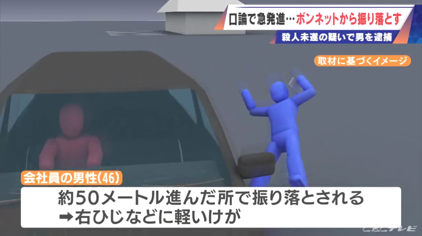 ボンネットに男性を乗せたまま50m走り振り落とす