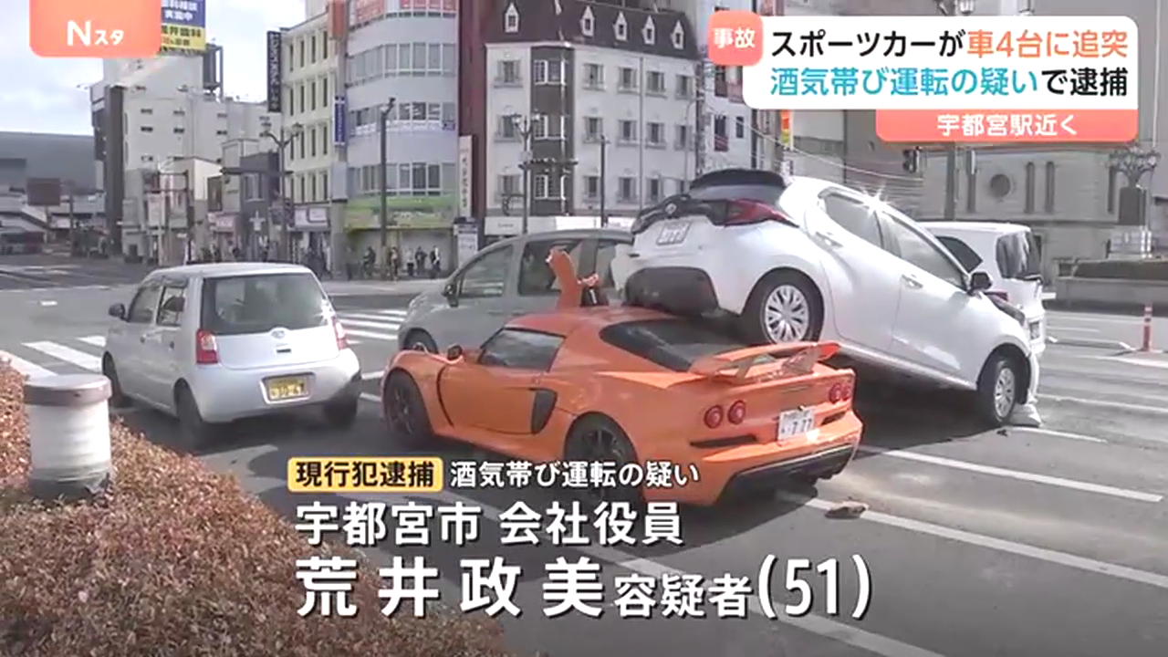 荒井政美を酒気帯びで逮捕 宇都宮市駅前通りの「宮の橋」で飲酒運転をし5台絡む多重事故を起こす Twitter(X)に現地の様子