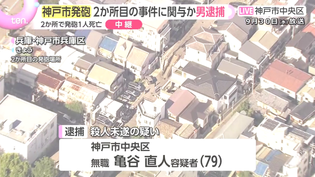 亀谷直人を殺人未遂で逮捕 神戸市中央区の路上で赤田正行さんを射殺 兵庫区荒田町の住宅で停車中の車内で荒井幸信さんに発砲